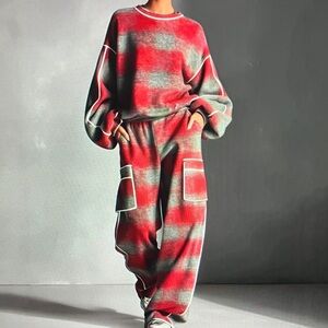 Red and Gray Plaid Sweater and Pants Set